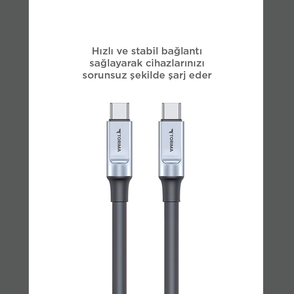 Torima logolu iki gümüş ve gri USB-C kablosu, yan yana.