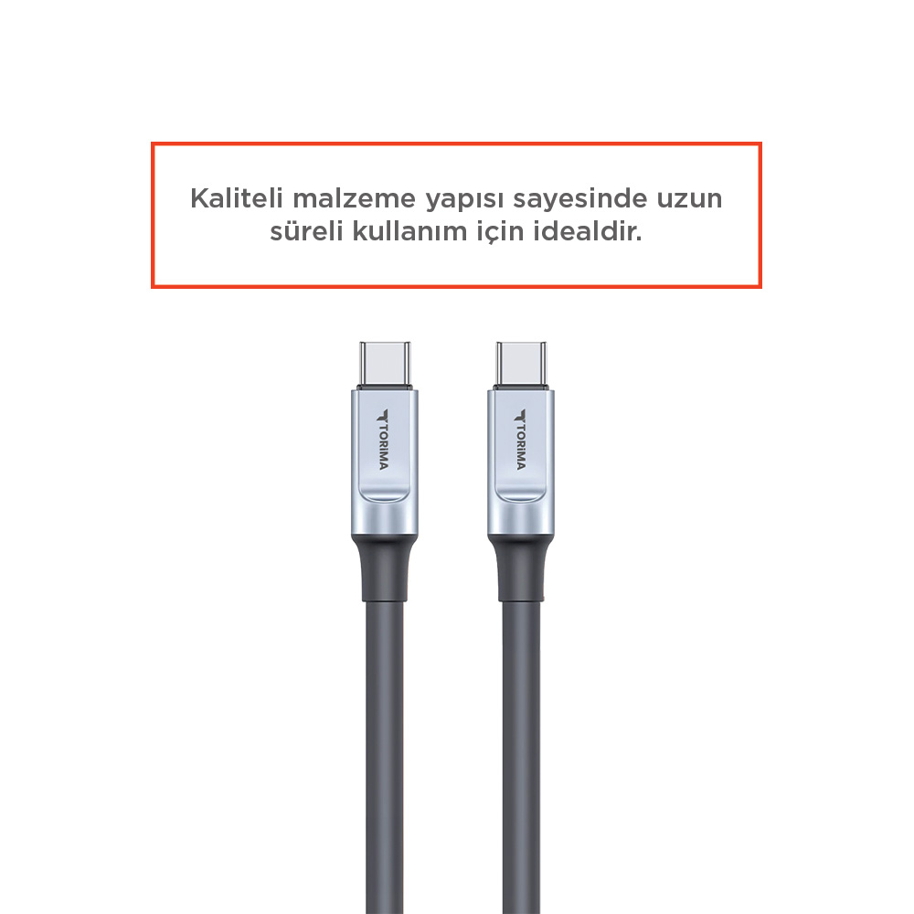 Yan yana duran gümüş konnektörlü iki gri USB-C kablosu.