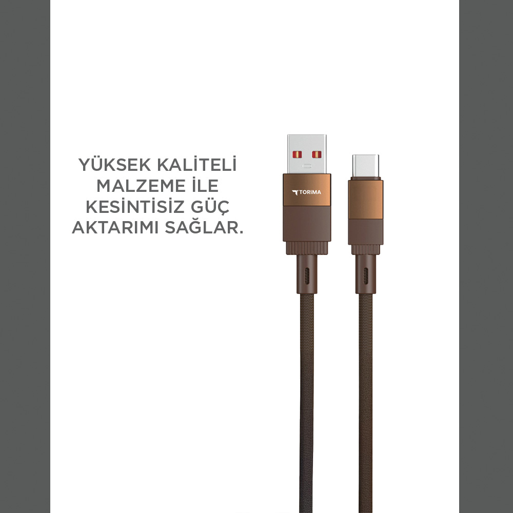 USB-A ve USB-C konnektörlü iki şarj kablosu, kahverengi ve altın rengi.