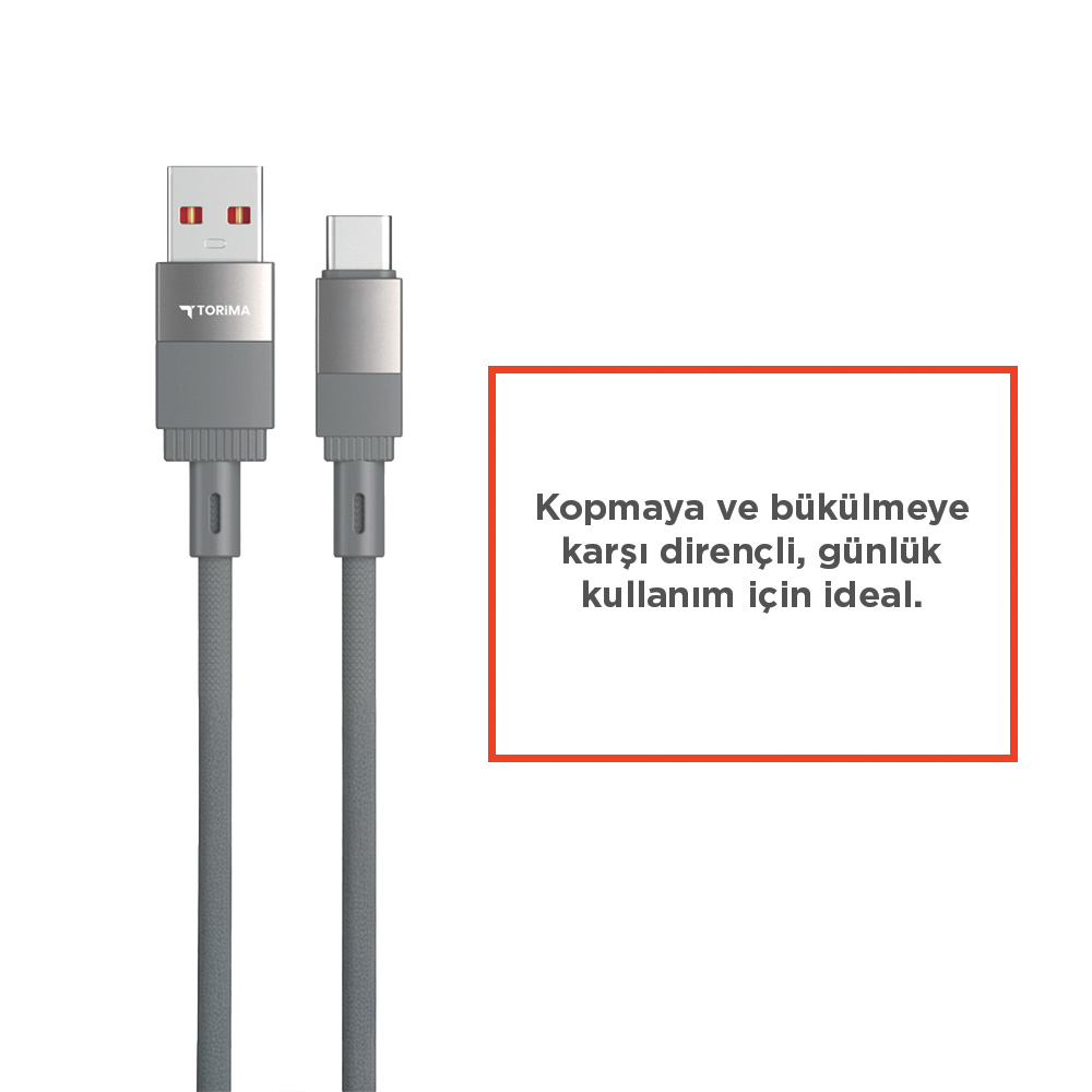 USB-A ve USB-C konnektörlü iki gri şarj kablosu yan yana.