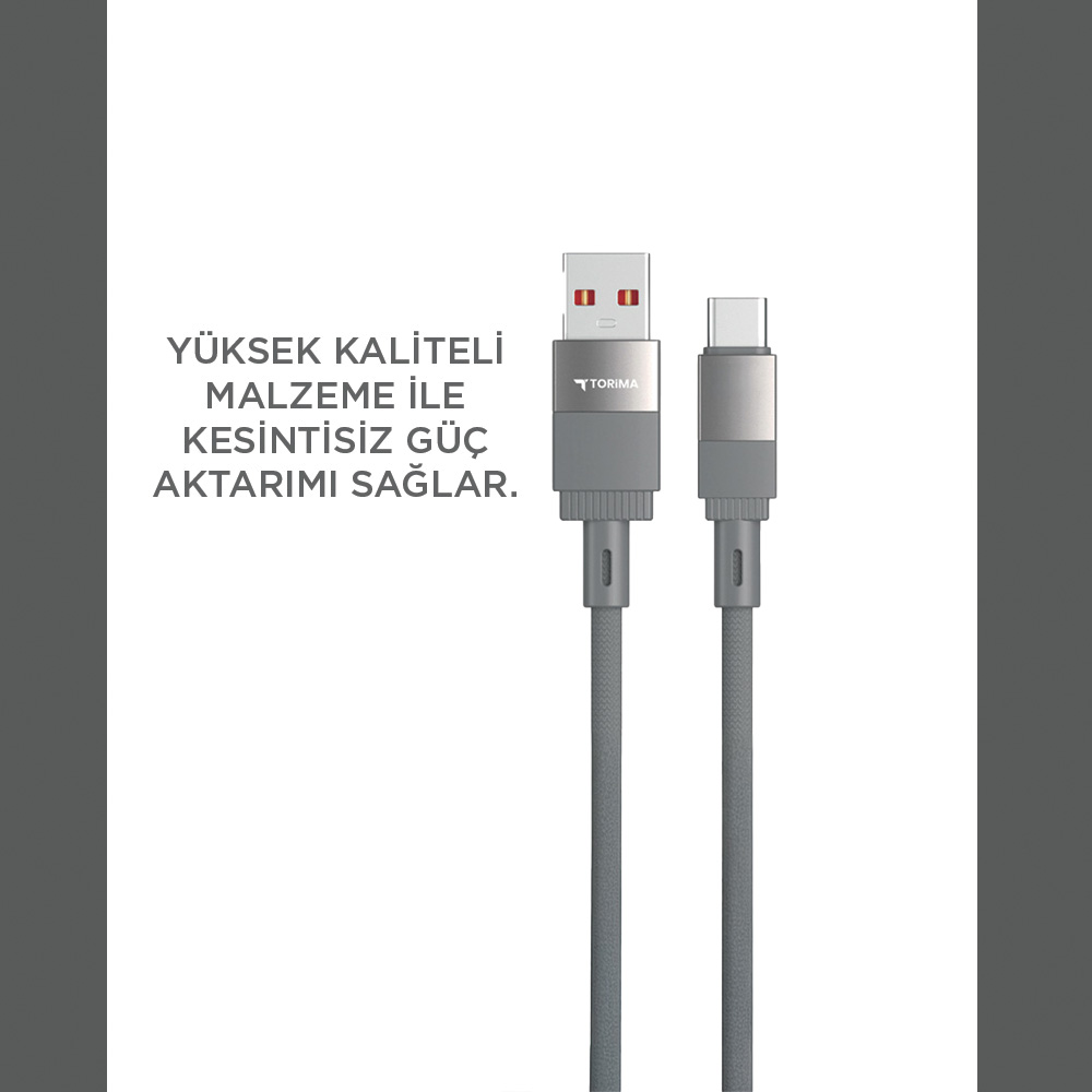 Torima logolu iki gri USB kablosu, USB-A ve USB-C konnektörlü.