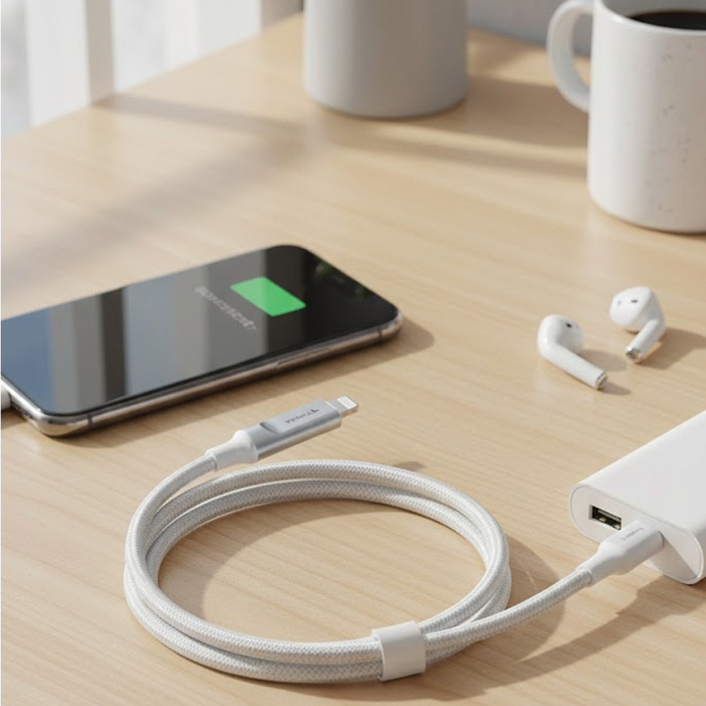 Şarj olan bir telefon, yanında kablo, kulaklık ve powerbank.