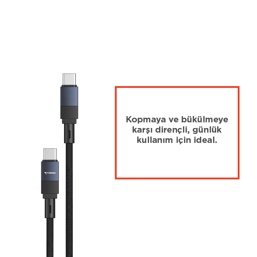 Beyaz arka plan üzerinde mavi ve gri konektörlü iki siyah USB-C kablosu.