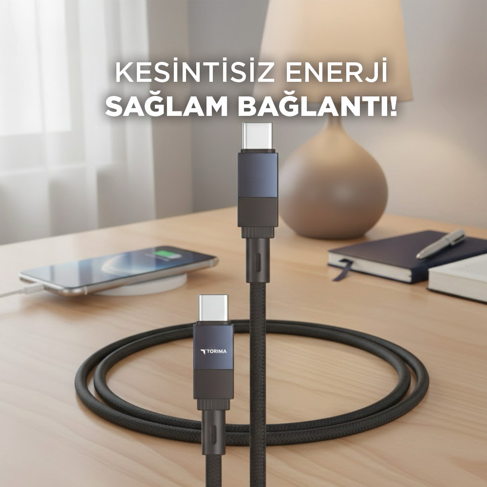 Bir USB-C kablosu ahşap masada telefon ve defterin yanında duruyor.
