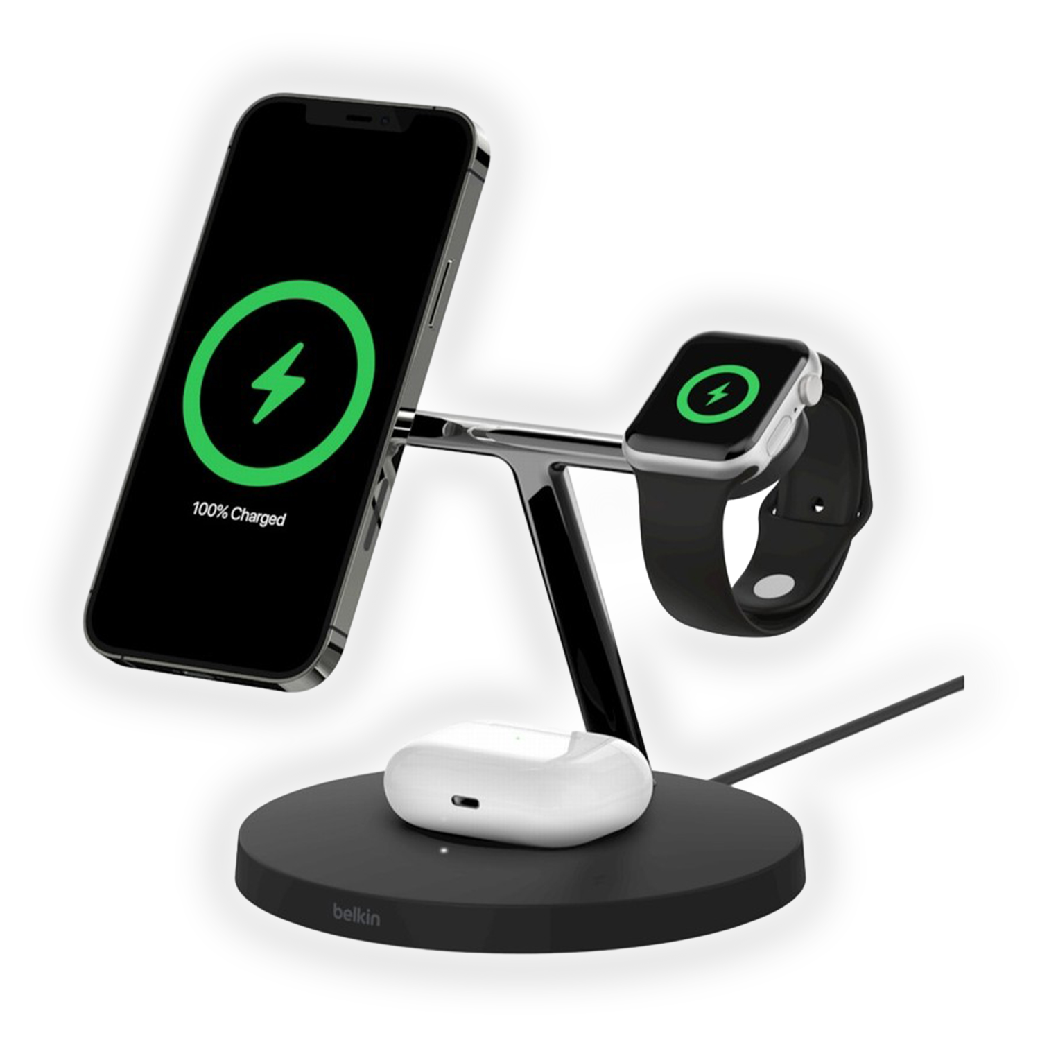 Ein schwarzer Ladeständer mit iPhone, Apple Watch und AirPods Pro.