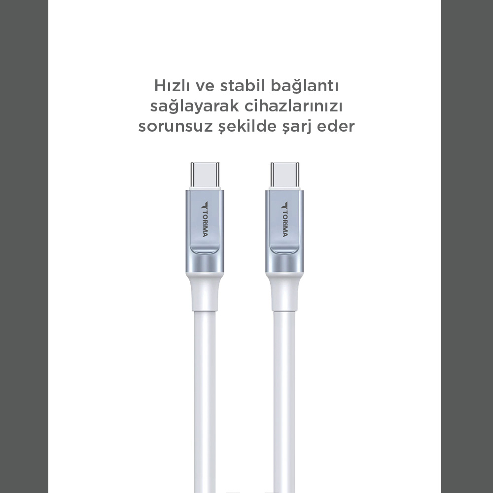 Gümüş konektörlü iki beyaz USB-C kablosu ve 