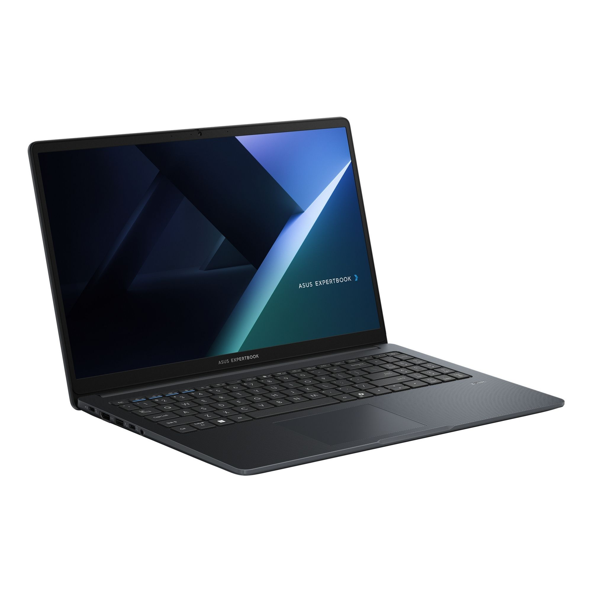 Mavi ve yeşil duvar kağıdı gösteren açık siyah Asus ExpertBook dizüstü bilgisayar.