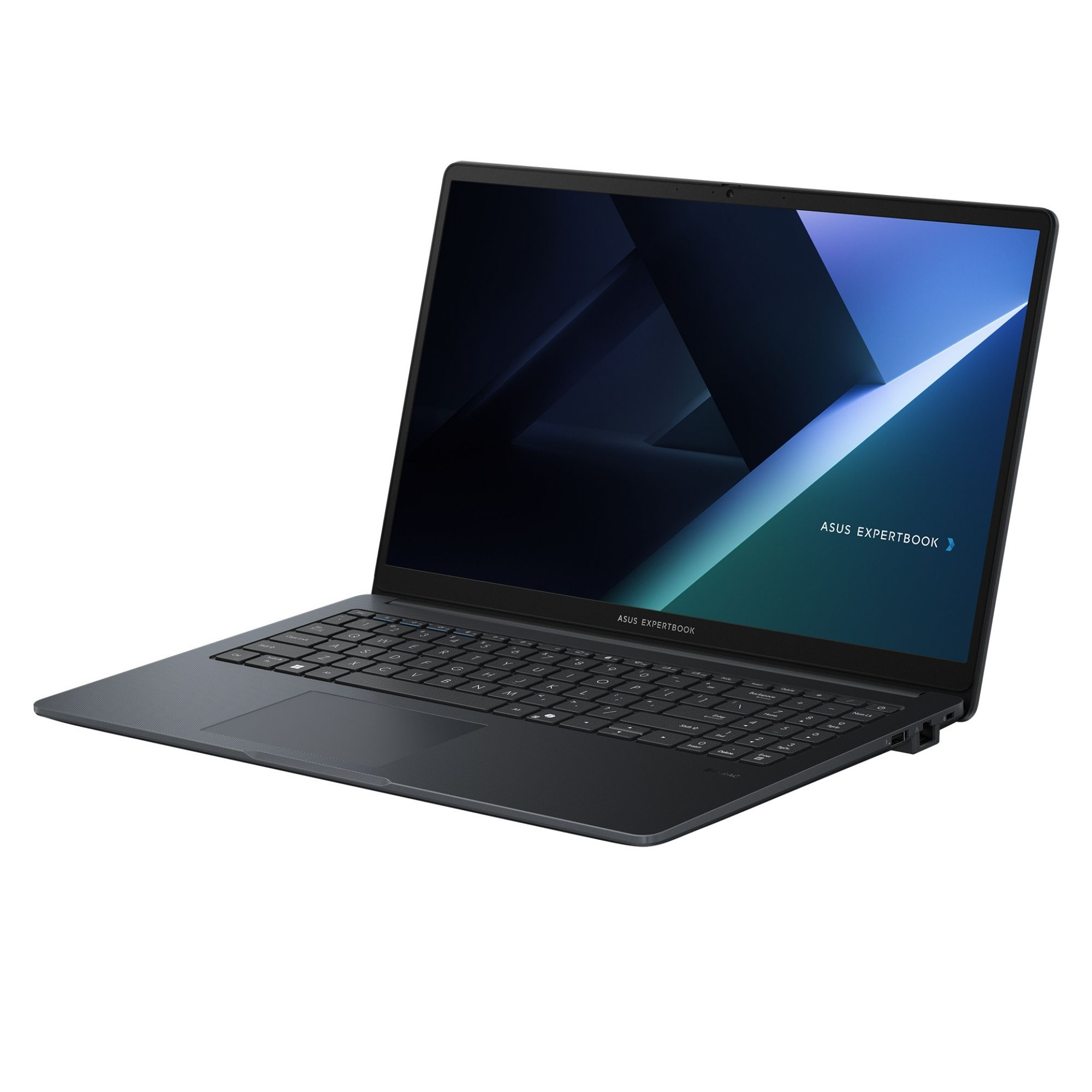 Koyu gri Asus Expertbook dizüstü bilgisayar, klavye ve dokunmatik yüzeyli, beyaz arka plan.