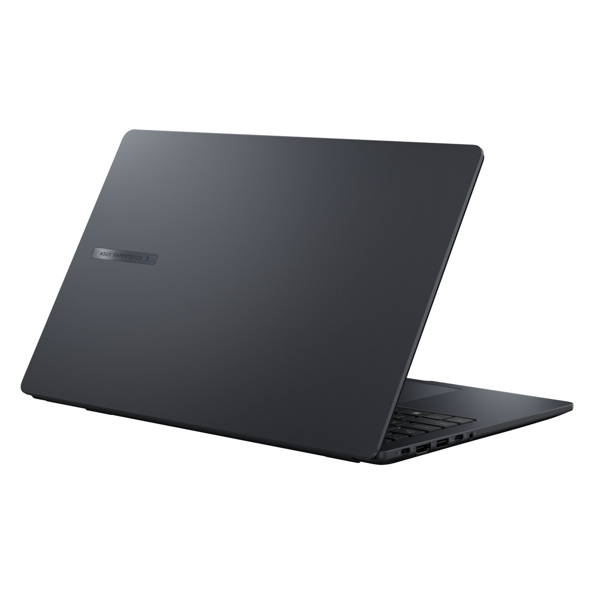 Kabartmalı ASUS EXPERTBOOK logosuna sahip koyu gri dizüstü bilgisayar.