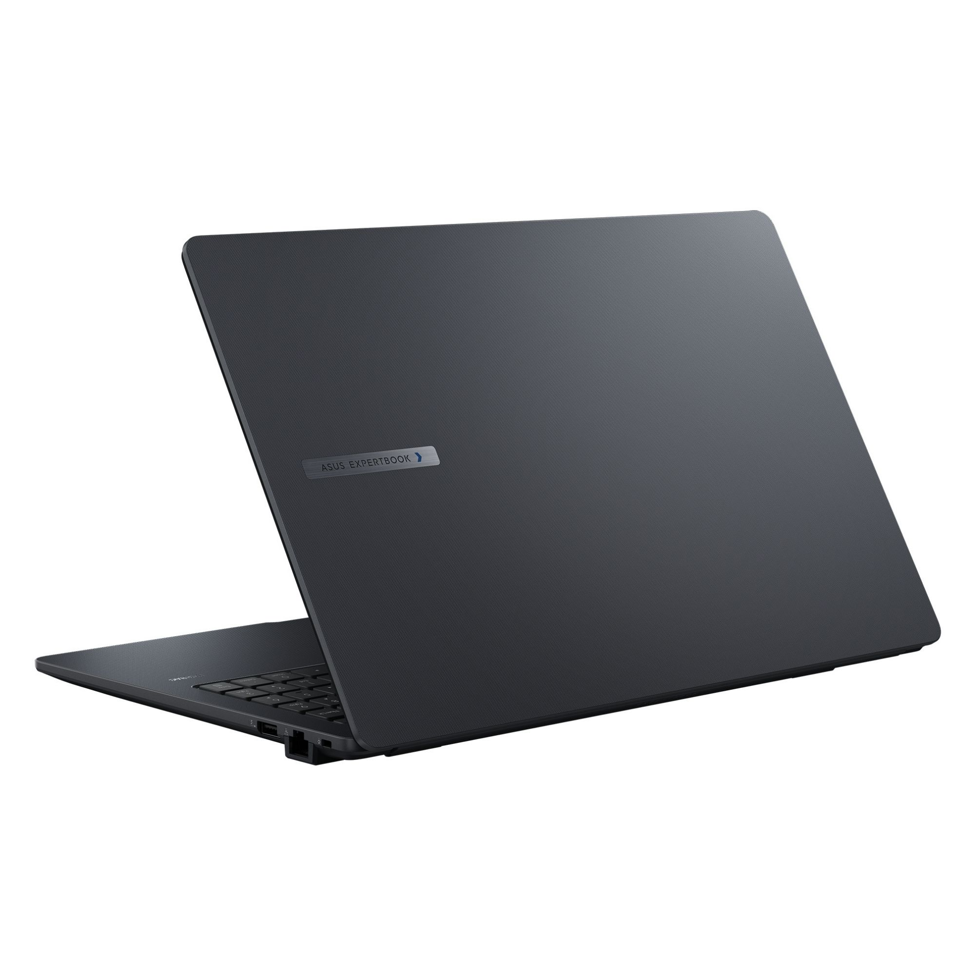 Koyu gri ASUS Expertbook dizüstü bilgisayar, arkadan soldan gösteriliyor, kapak açık.