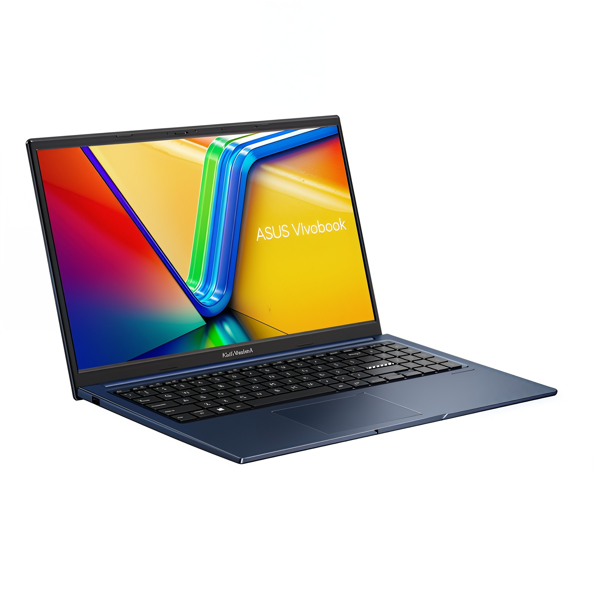 Ekranında renkli bir arka planı olan koyu mavi bir Asus Vivobook dizüstü bilgisayar.