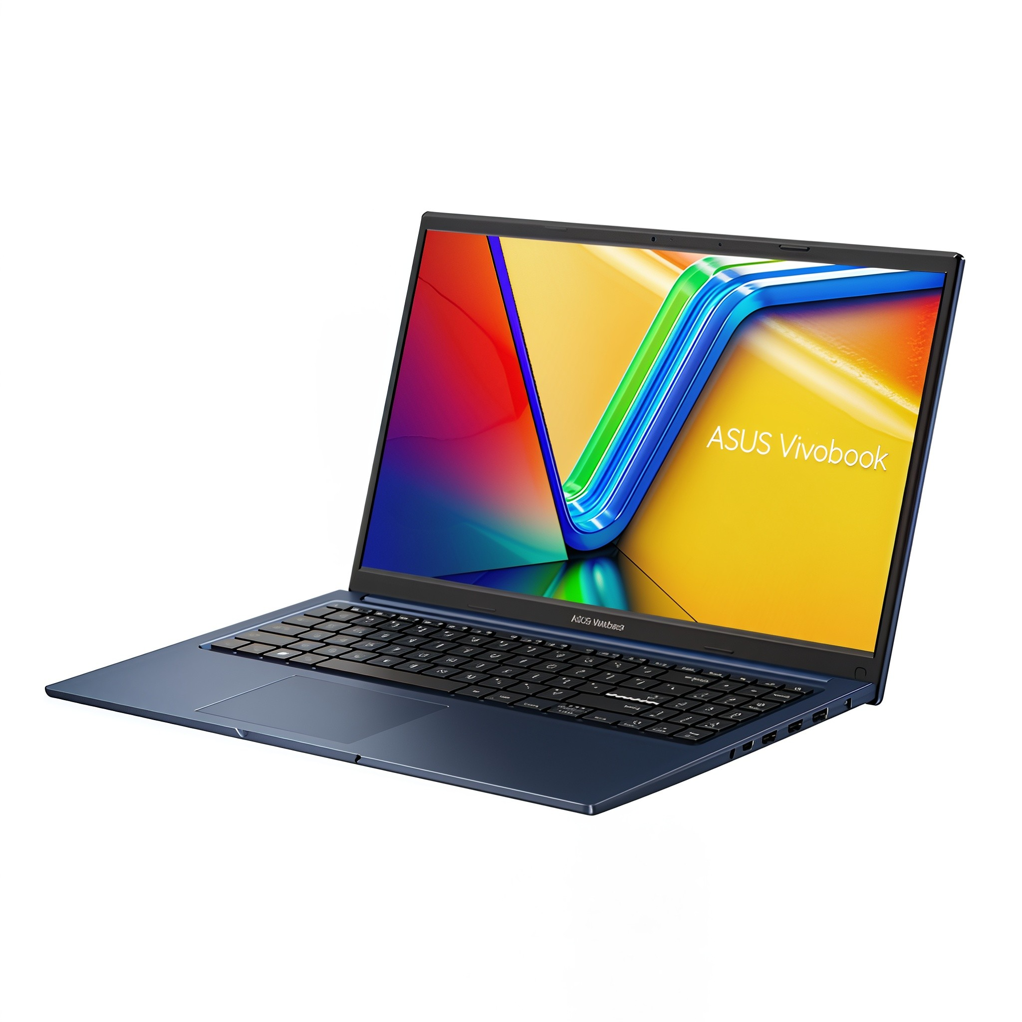 Renkli duvar kağıtlı, arkadan aydınlatmalı klavyeli koyu mavi Asus Vivobook dizüstü bilgisayar.