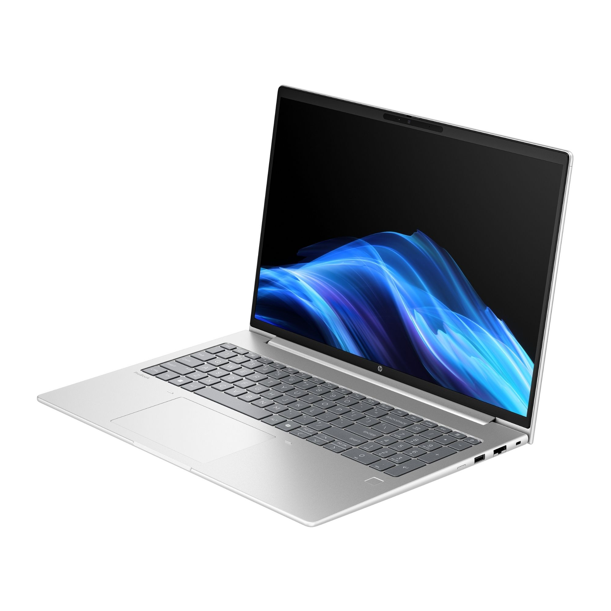 Gümüş rengi laptop açık ekran, klavye ve dokunmatik yüzey görünüyor.
