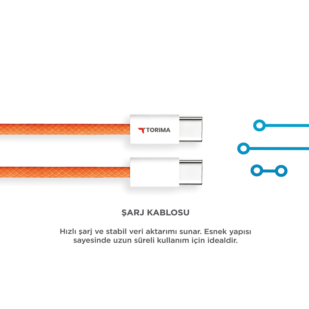 TORIMA logosu ve USB-C konnektörlü iki turuncu şarj kablosu.
