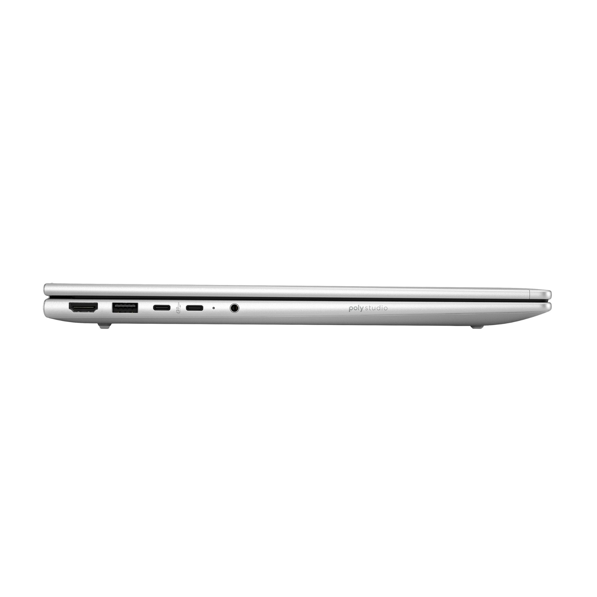 HDMI, USB-A, USB-C ve kulaklık jaklı gümüş rengi dizüstü bilgisayar.