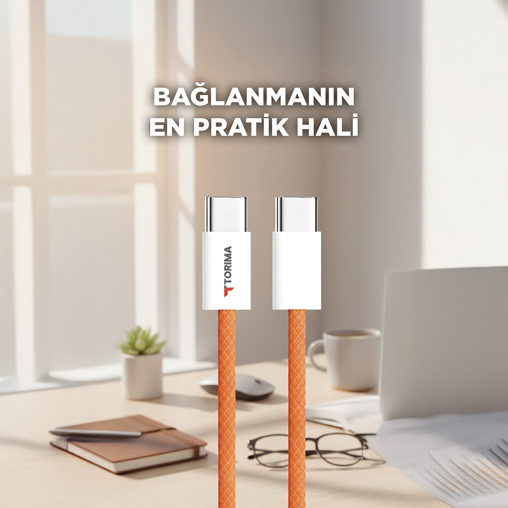 Beyaz konektörlü iki turuncu USB-C kablosu masanın üzerinde.