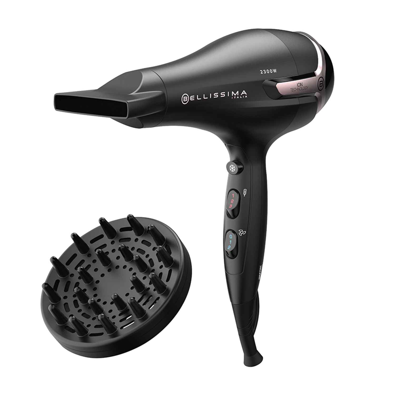 Czarna suszarka do włosów z dyfuzorem, 2300W, technologia jonowa.