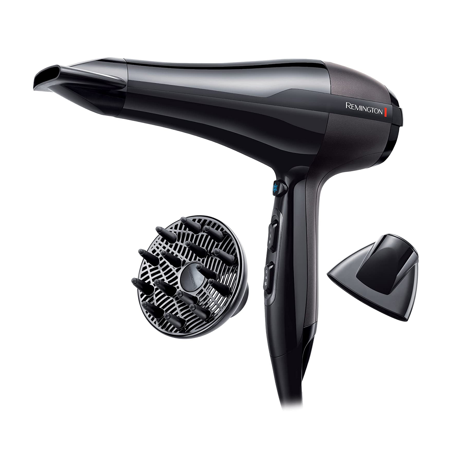 Un asciugacapelli Remington nero con diffusore e ugello su sfondo bianco.