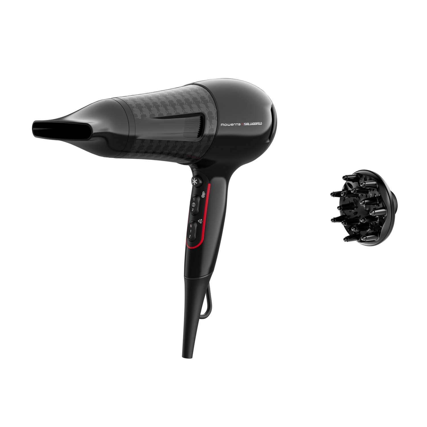 Czarna suszarka do włosów ze wzorem i dyfuzorem na białym tle.