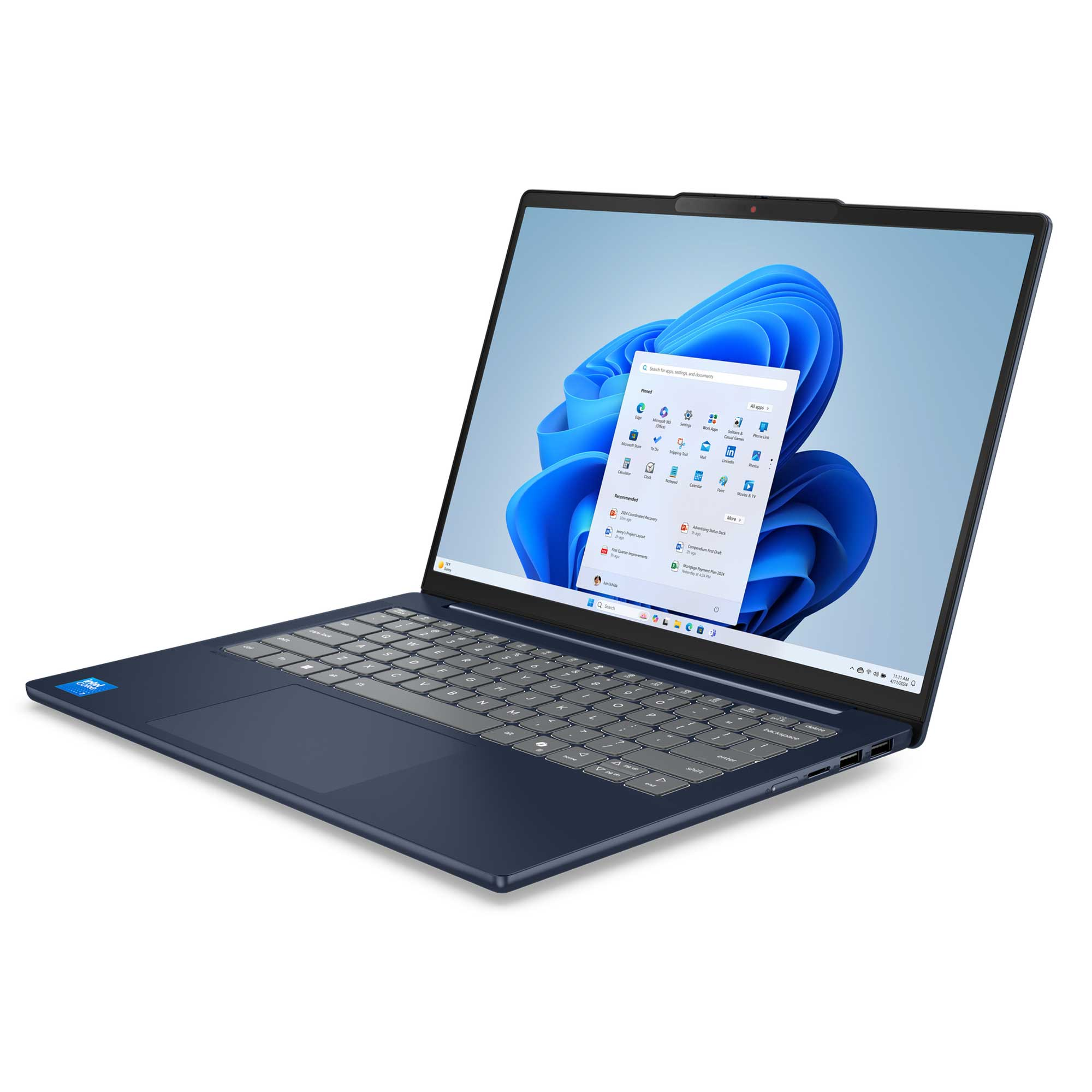 Intel Core i7 etiketli, açık ve çalışır durumda koyu mavi dizüstü bilgisayar.