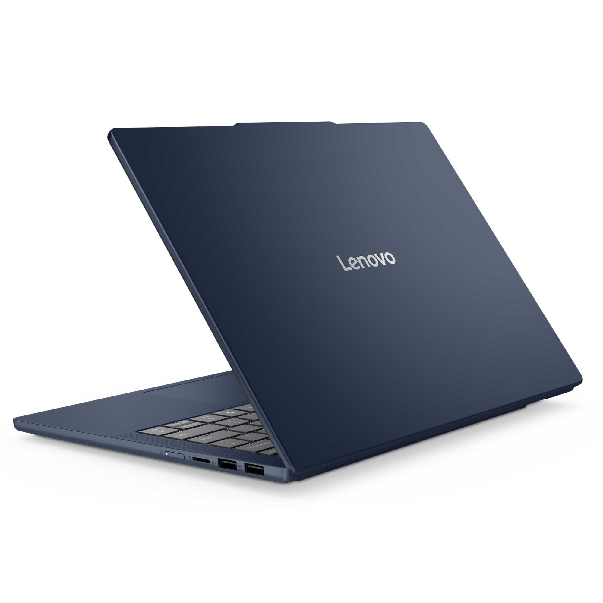 Klavyesi görünen, ekranı açık lacivert Lenovo dizüstü bilgisayar.