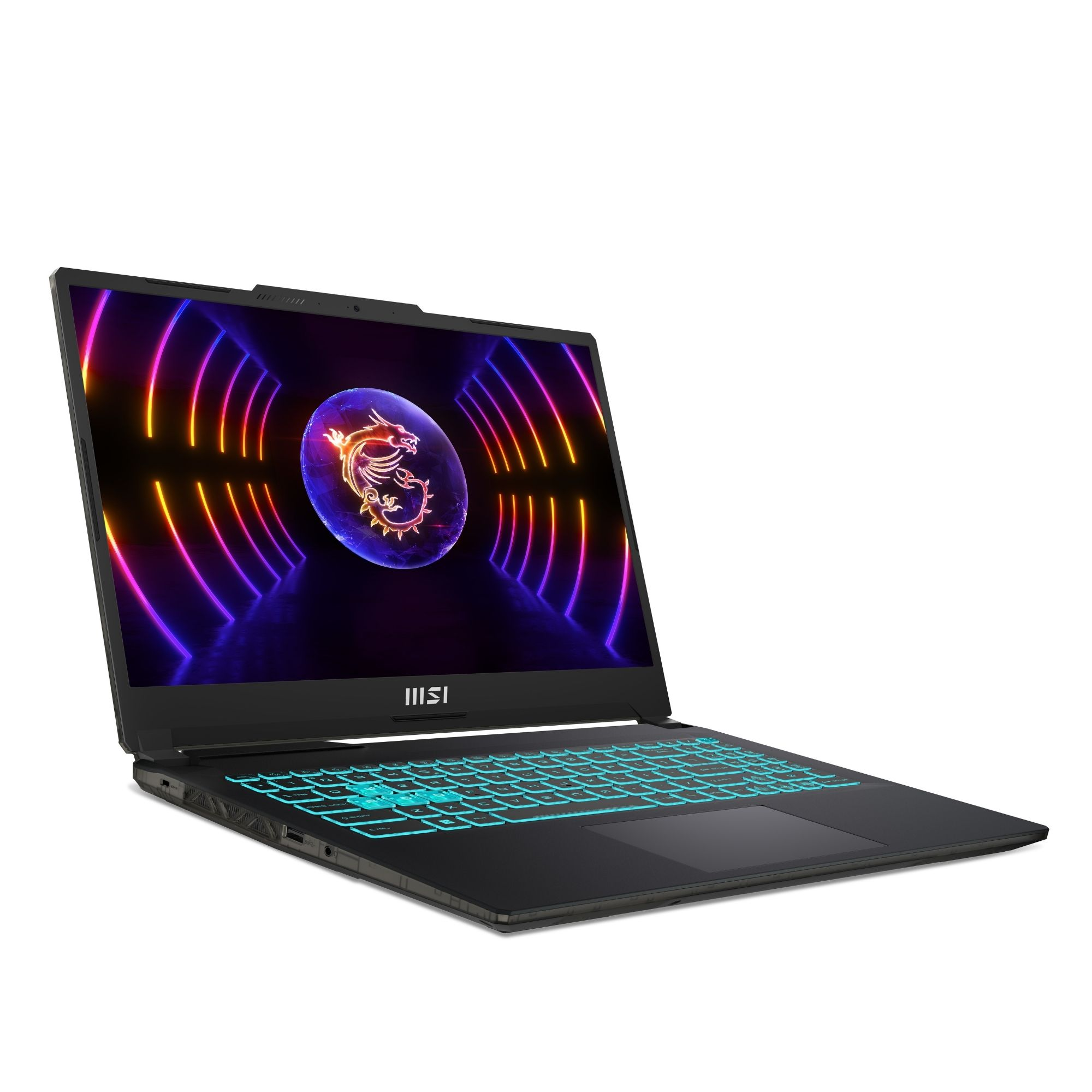 Arkadan aydınlatmalı turkuaz klavyeli ve MSI logolu siyah dizüstü bilgisayar.