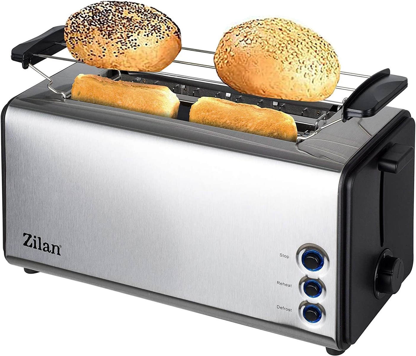Tostapane argentato con griglia per panini e fette all'interno.