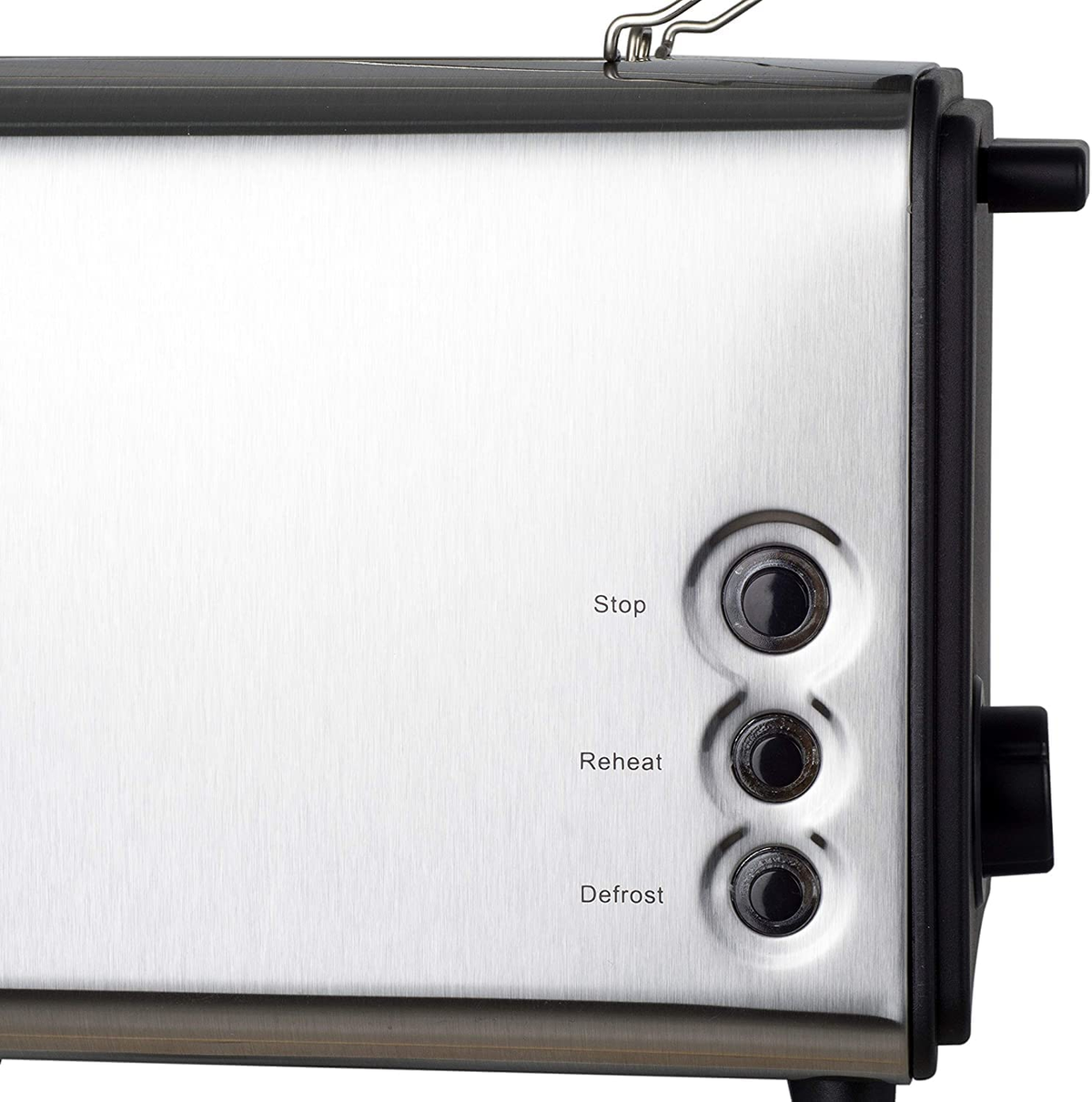 Tostapane in acciaio inox con pulsanti "Stop", "Reheat", "Defrost".