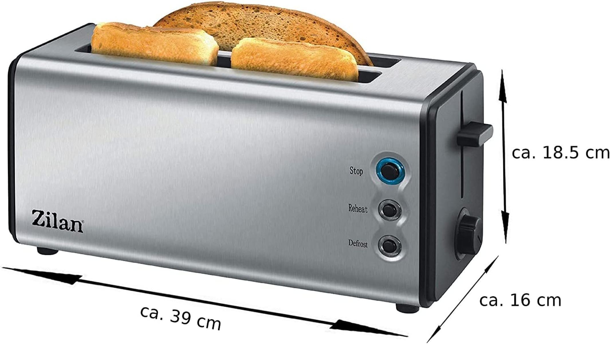 Un tostapane argentato con due fette di pane all'interno.
