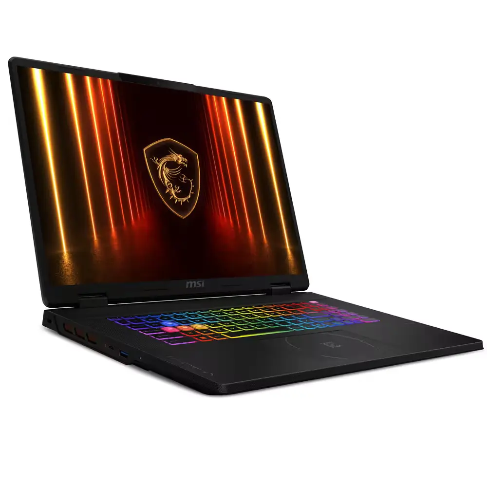 Ekranında ejderha logosu ve arkadan aydınlatmalı klavyesi olan açık siyah MSI dizüstü bilgisayar.