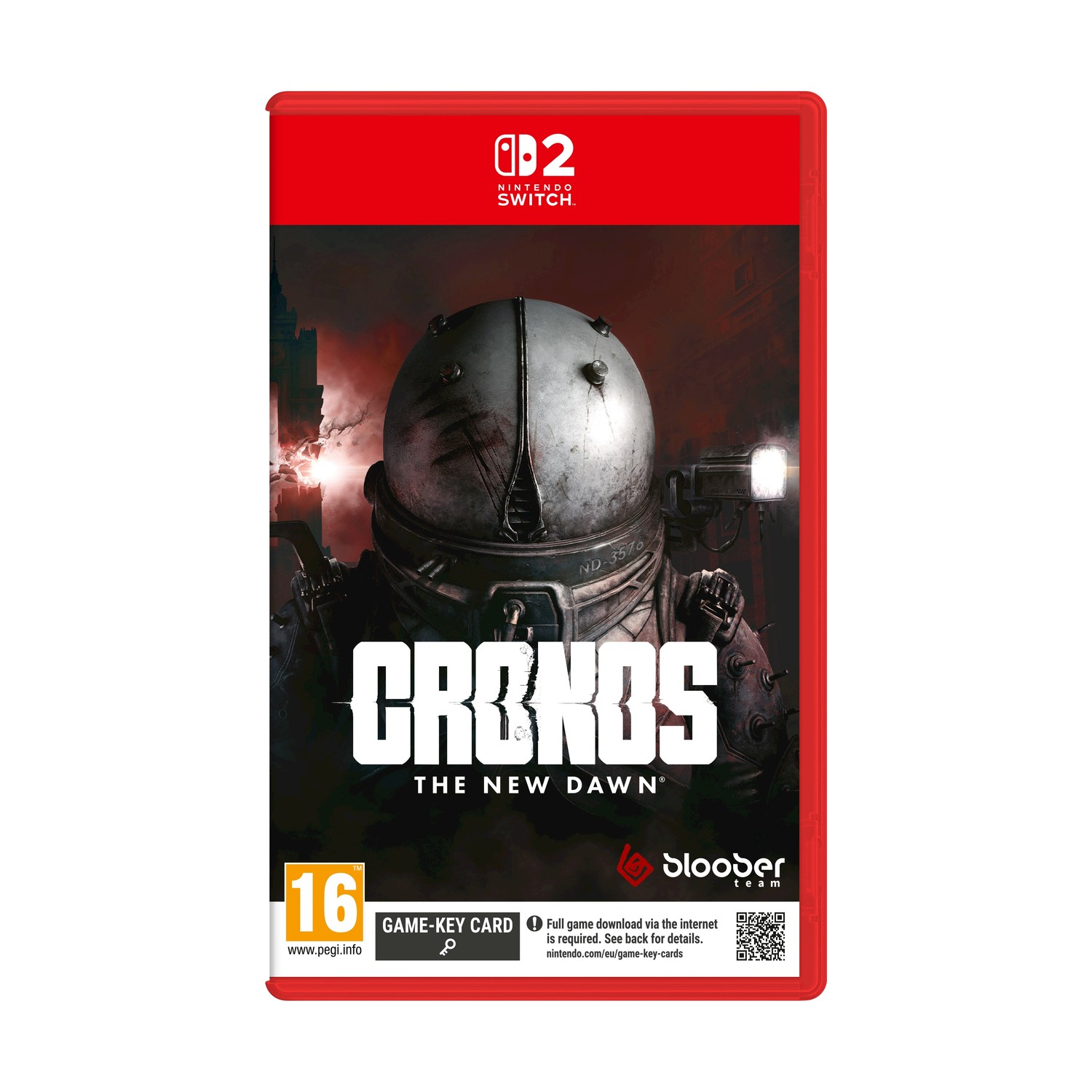 Pudełko gry Nintendo Switch: „CRONOS THE NEW DAWN” z hełmem astronauty i czerwonym tłem.