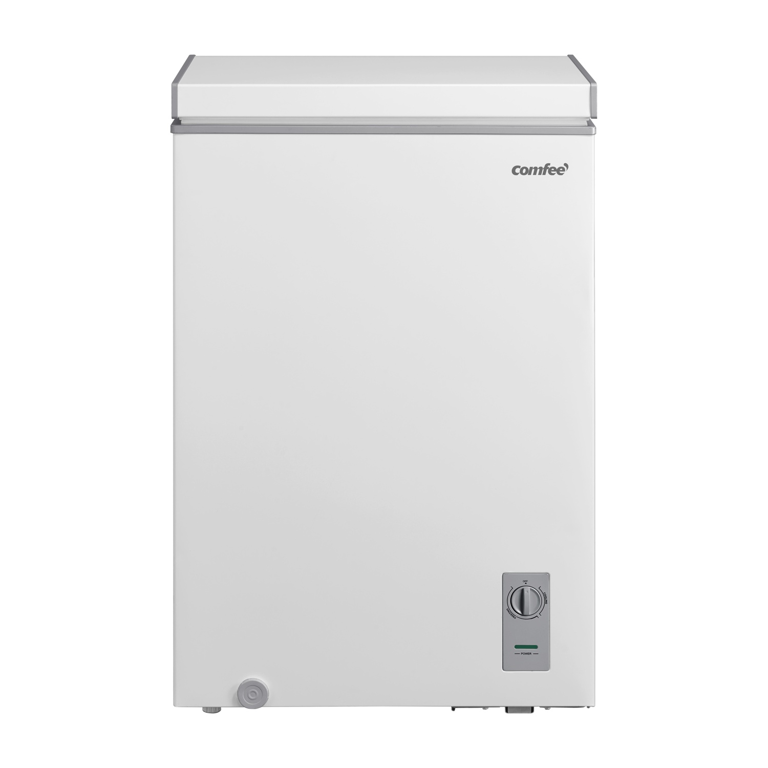 Un congelatore orizzontale bianco con logo Comfee e quadrante temperatura.