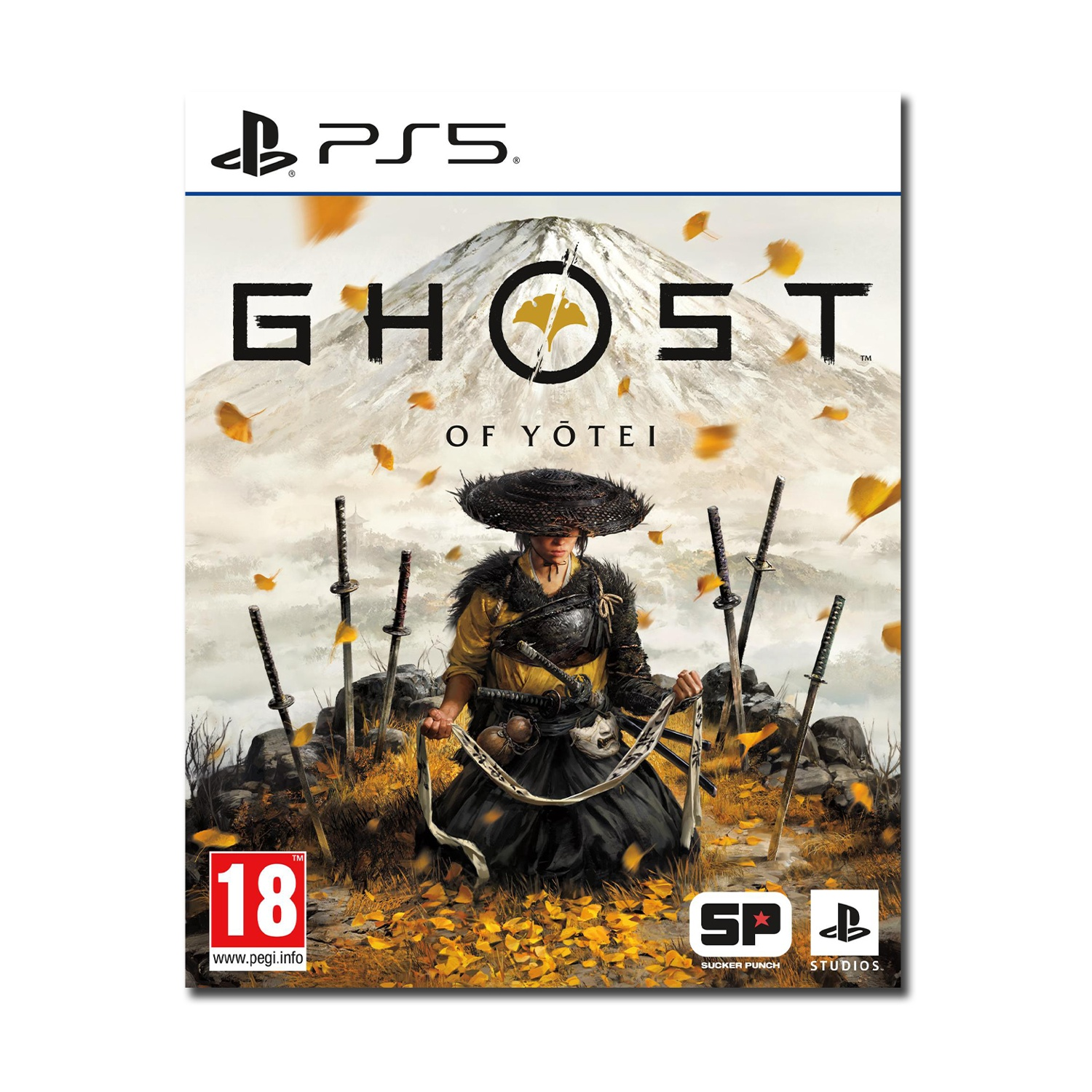 Ein Samurai mit einem Hut und Rüstung sitzt inmitten von Waffen und Herbstlaub.