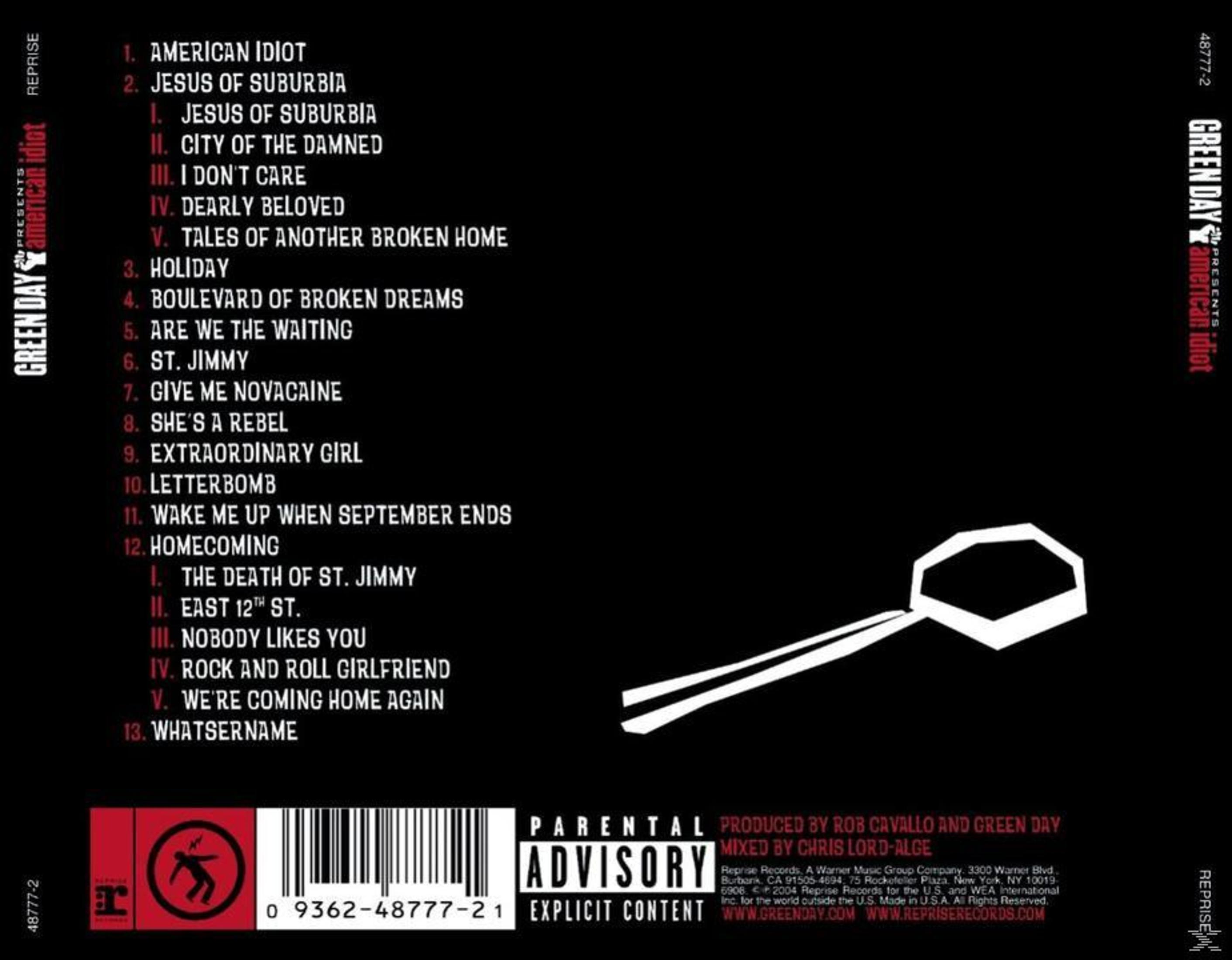 Copertina posteriore dell'album con tracklist e simboli di American Idiot dei Green Day.