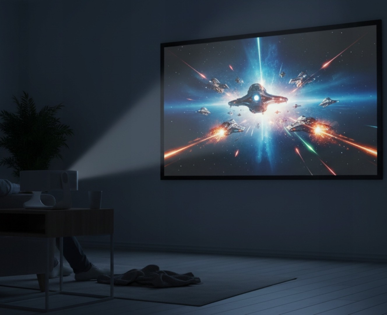 Un hombre mira una batalla espacial en una pantalla grande, iluminada por un proyector.