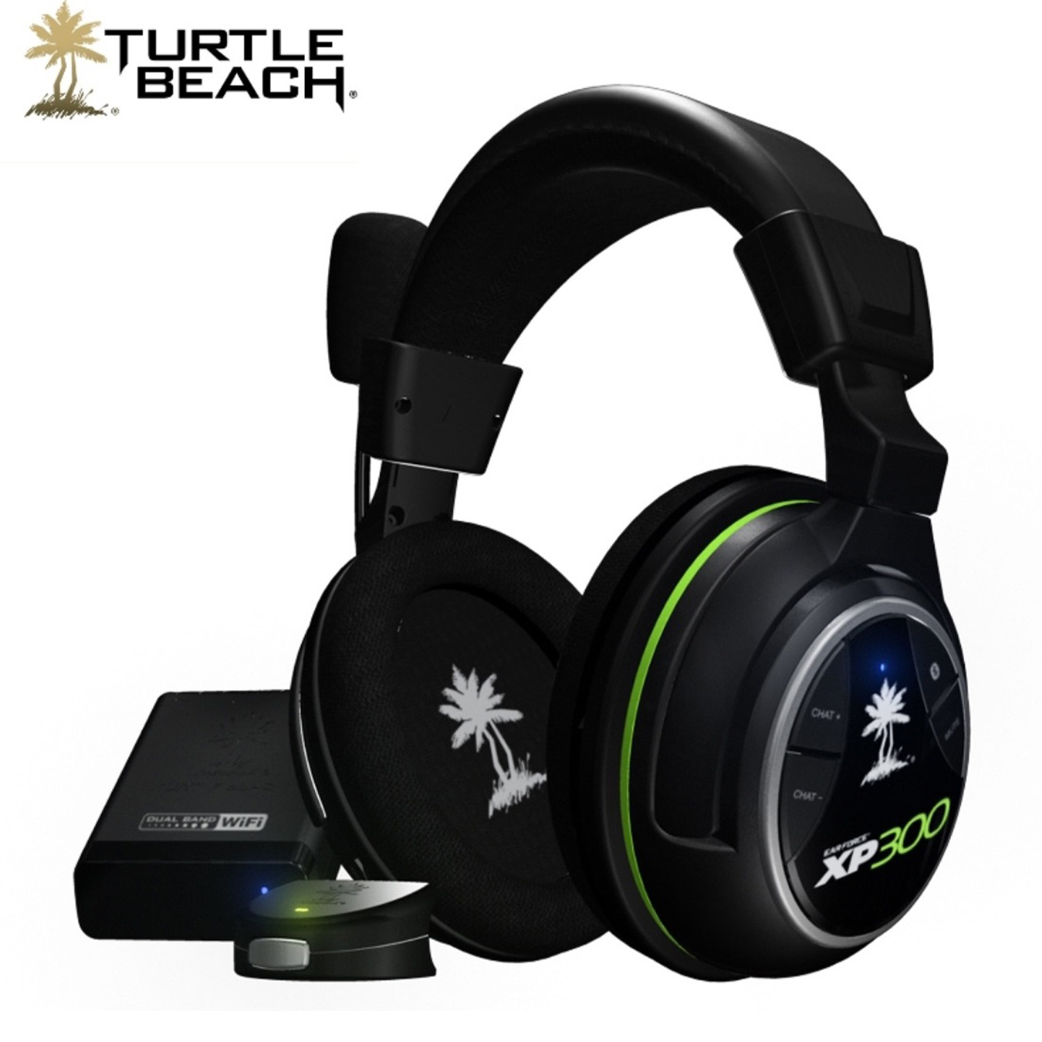 Schwarzer Turtle Beach XP300 Kopfhörer mit grünem Akzent und Zubehör.
