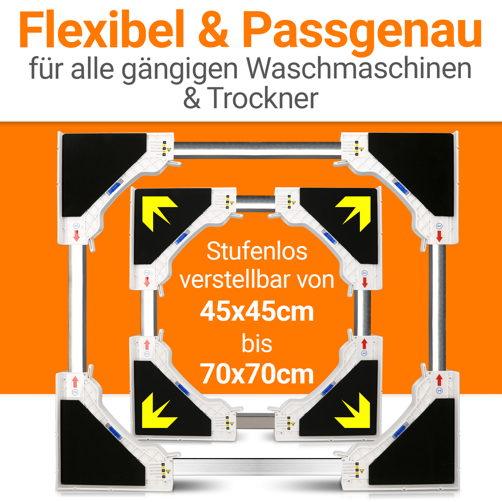 Waschmaschinenuntersatz stufenlos verstellbar von 45x45cm bis 70x70cm.