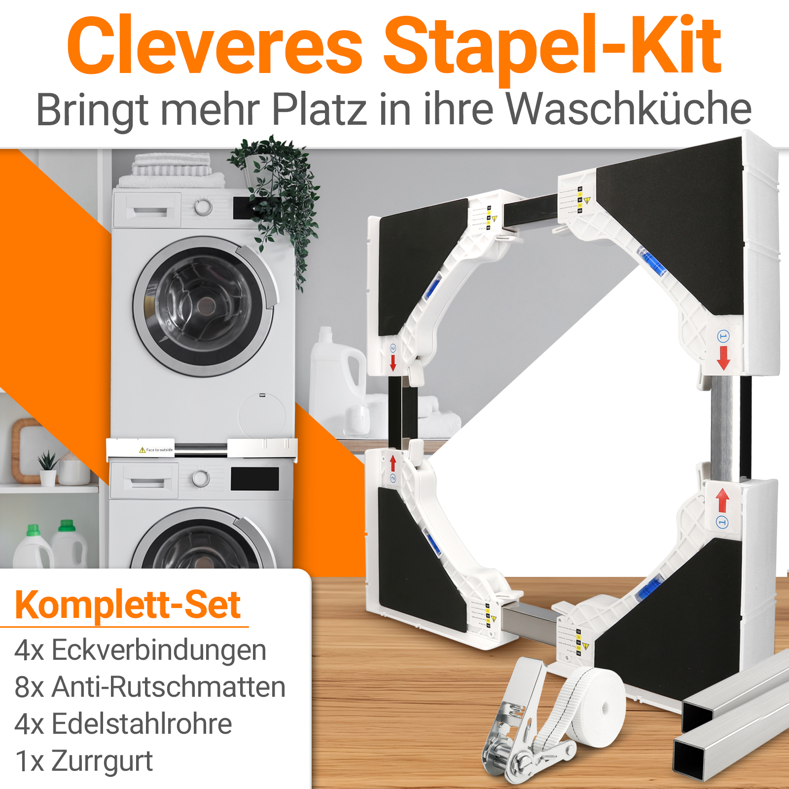 Ein cleveres Stapel-Kit für die Waschküche mit Waschmaschinen und Montagezubehör.