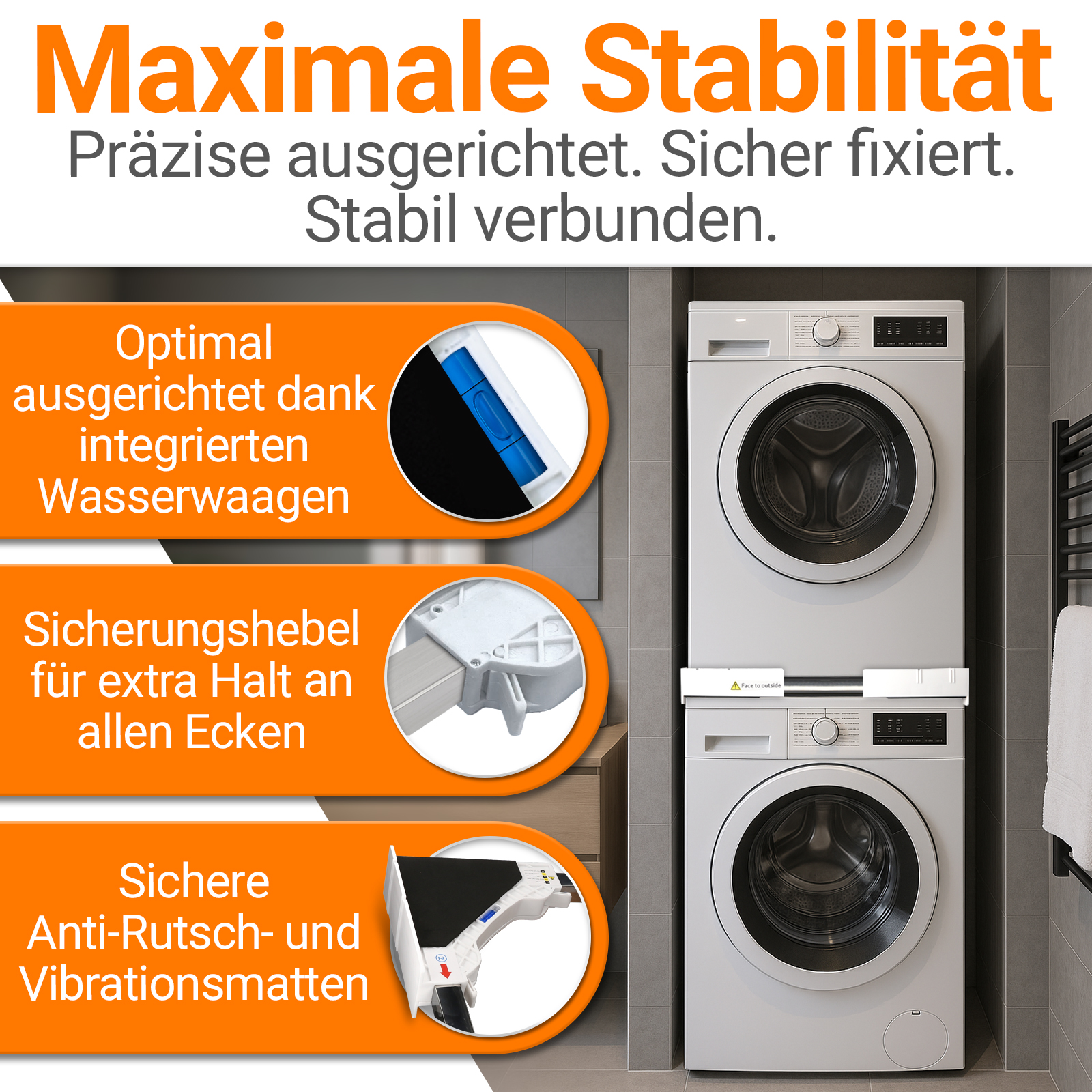 Waschmaschinen-Stapelkit mit Wasserwaage, Sicherungshebel und Anti-Rutsch-Matten.