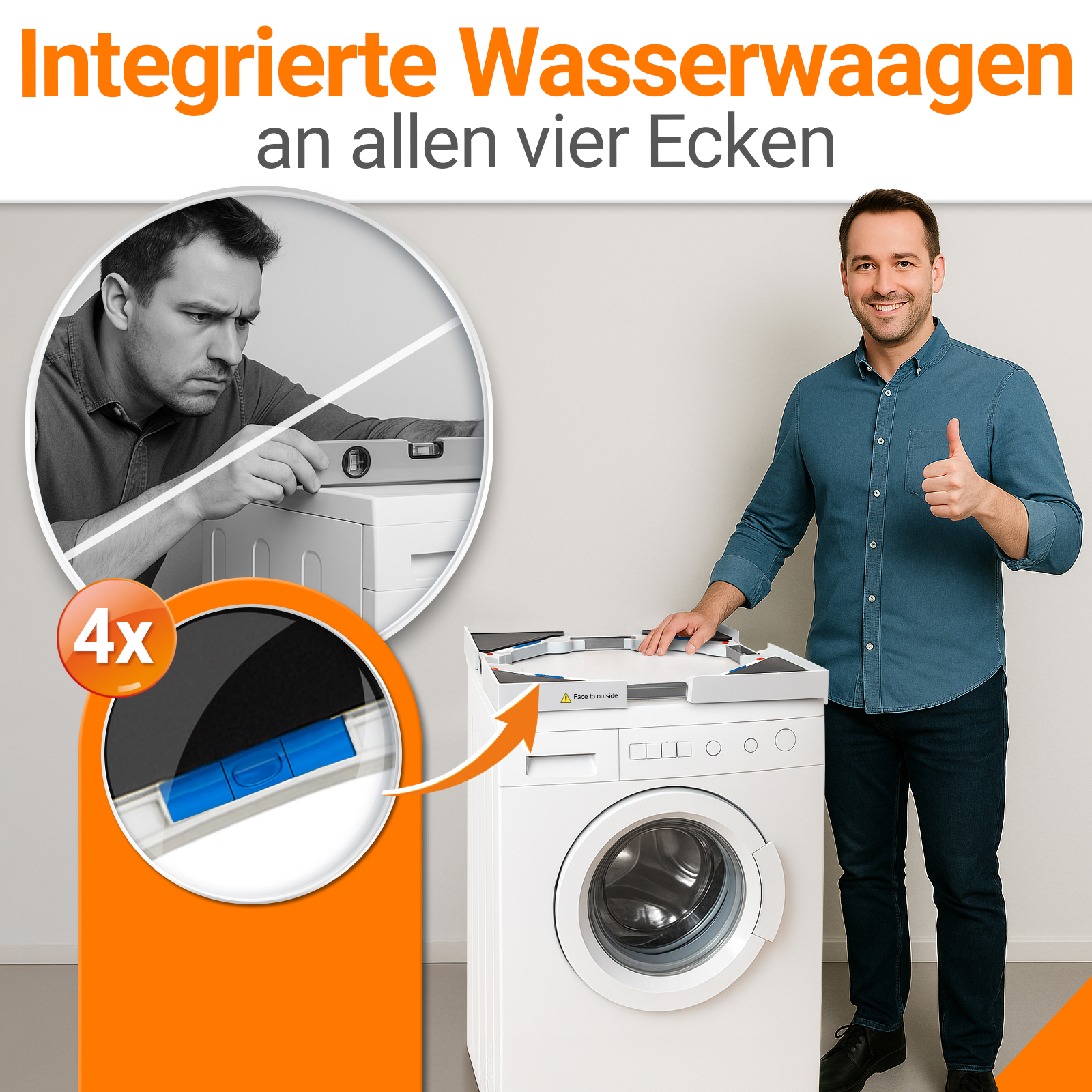 Mann gibt Daumen hoch neben Waschmaschine mit integrierten Wasserwaagen.