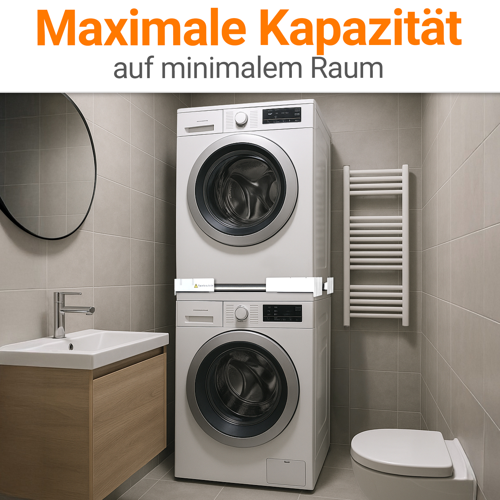Waschküche mit gestapelten Waschmaschinen, Waschbecken, Spiegel und Toilette.