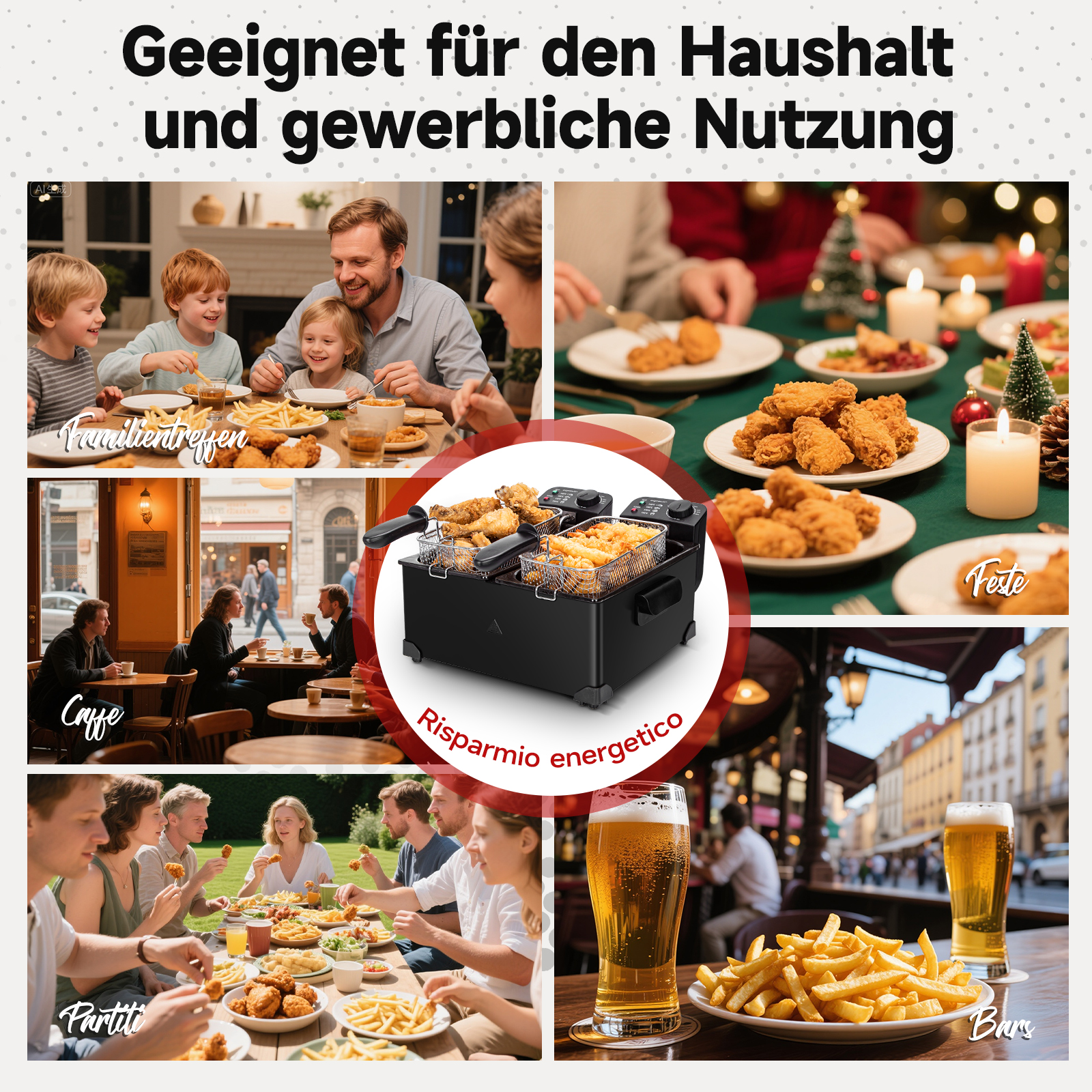 Collage mit Familienessen, Café, Feier, Bar und Fritteuse.