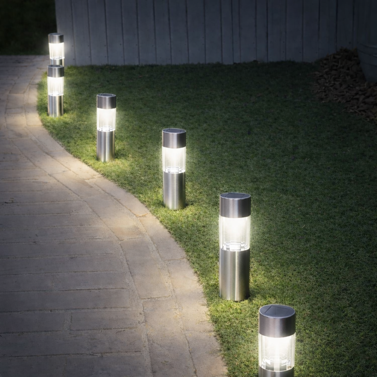 Tuinpad met solarverlichting langs het gras.