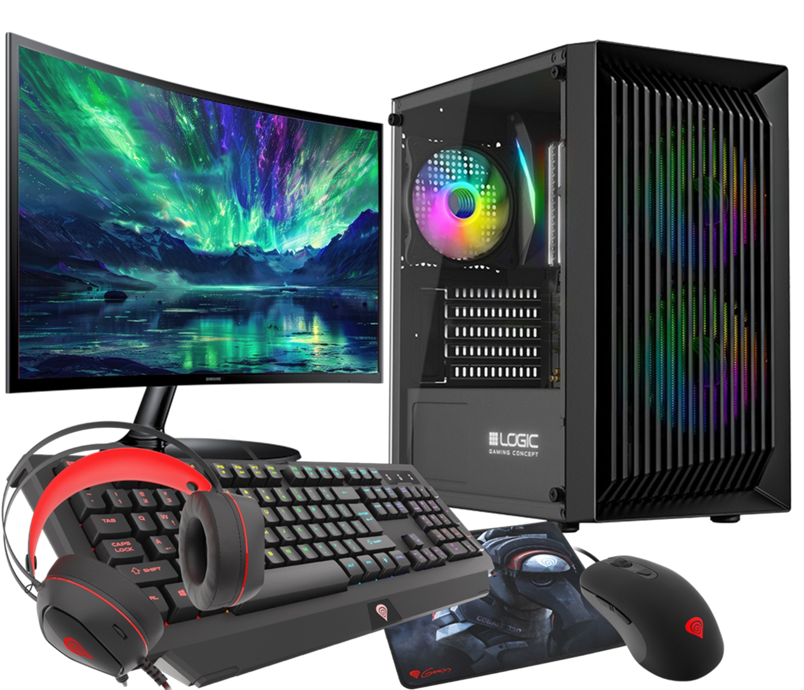 Un PC da gaming con monitor, tastiera, mouse e cuffie.