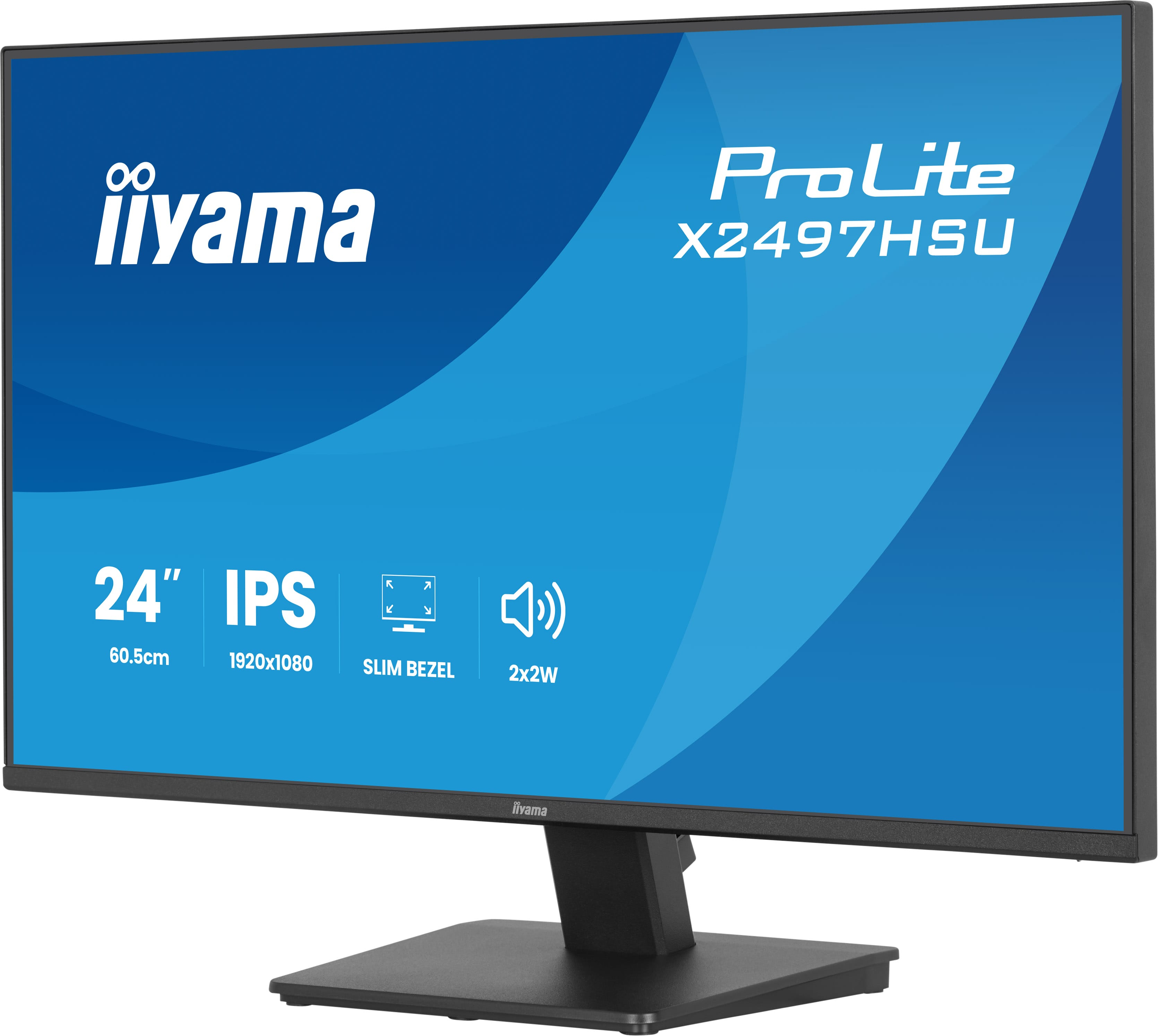 Czarny 24-calowy monitor IPS z wąską ramką i logo iiyama ProLite X2497HSU.