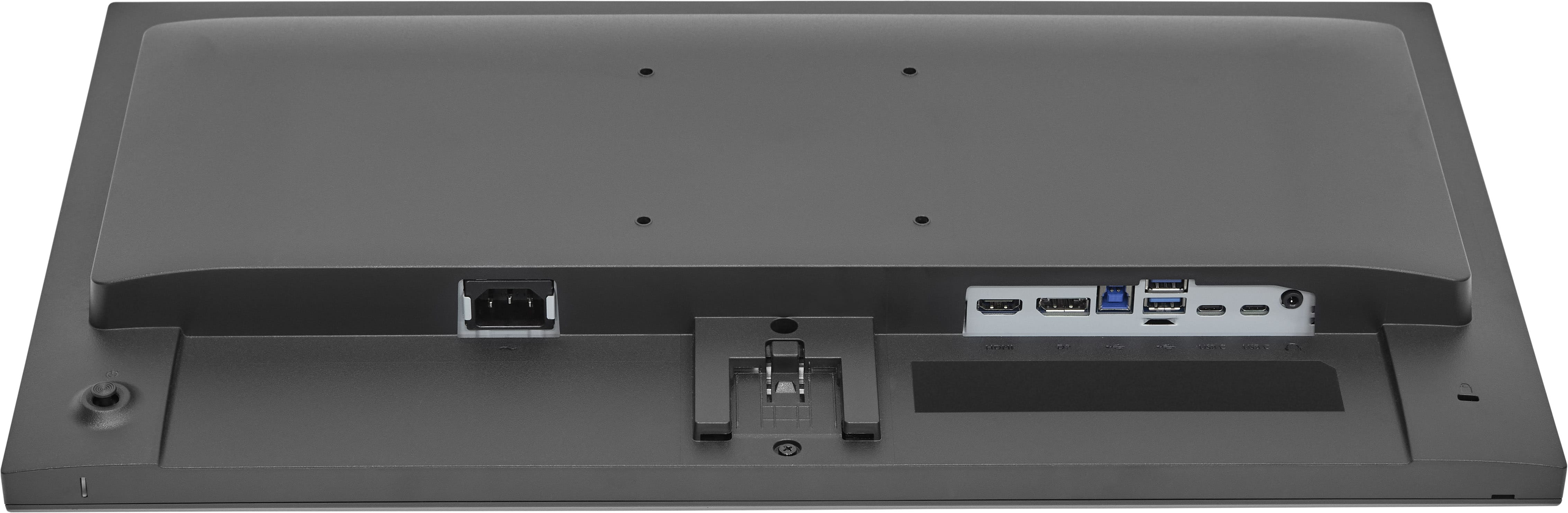 Tył monitora z portami: zasilanie, HDMI, DP, USB-A, USB-C, audio.