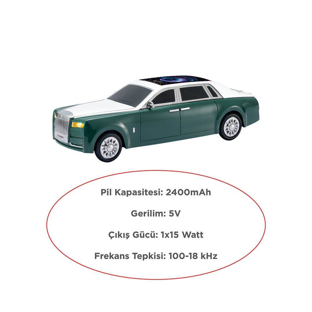Yeşil ve beyaz araba, tavanında yıldız deseni var. Teknik özellikler.