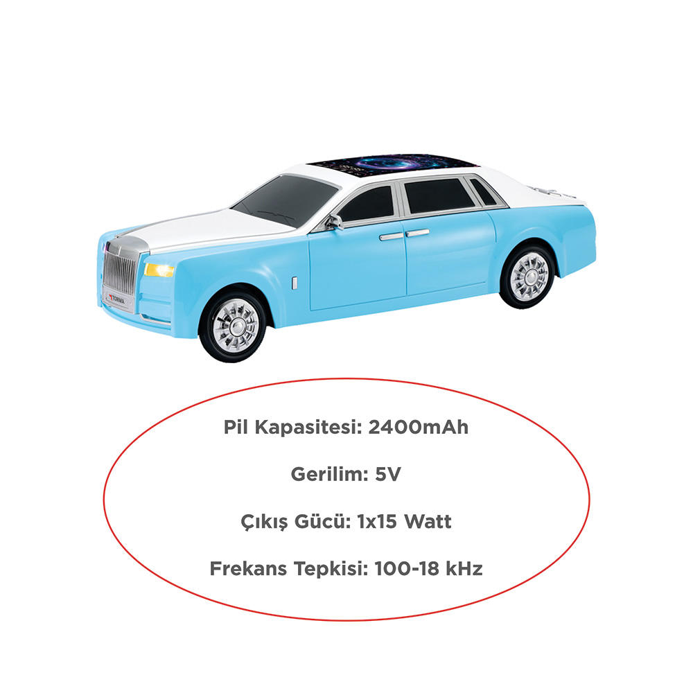 Tavanında yıldız deseni olan açık mavi ve beyaz oyuncak araba.