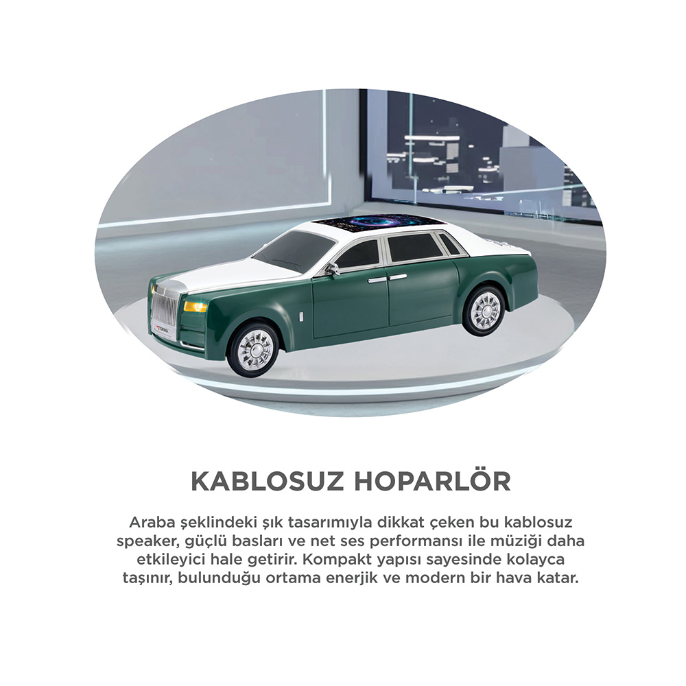 Yeşil ve beyaz, araba şeklinde bir hoparlör, şehir fonlu bir sahnede duruyor.