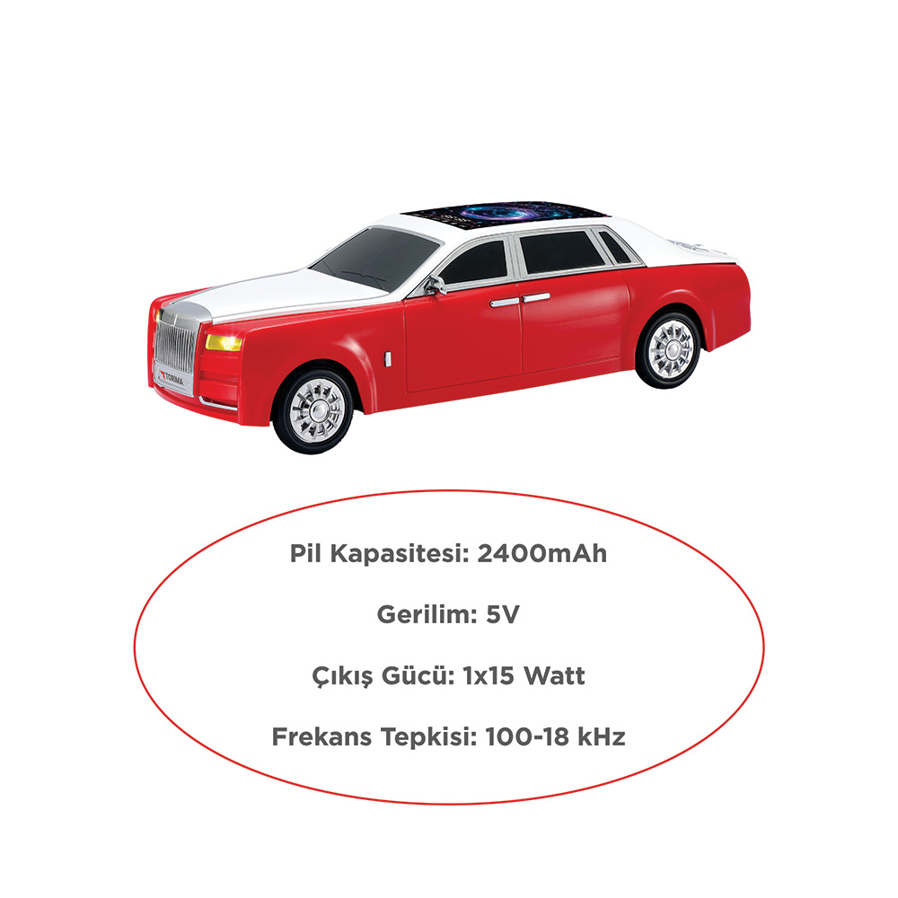 Altta özellikleri olan kırmızı ve beyaz model araba.